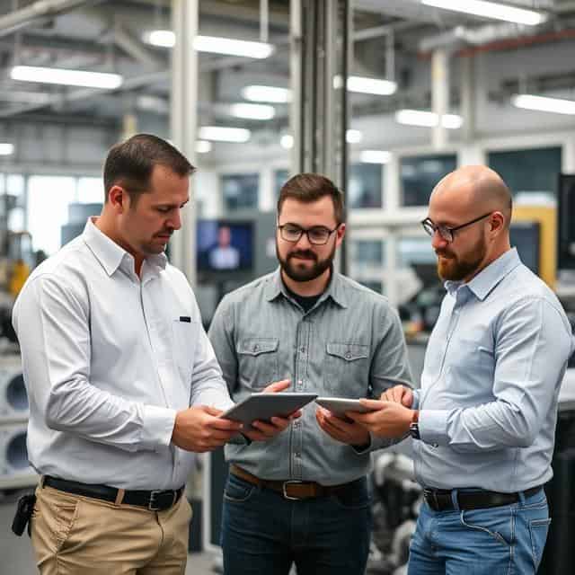 Automation specialists discussing reports on tablets