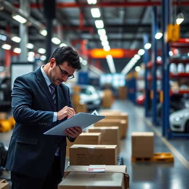 Automotive supply chain consultant taking notes in a warehouse