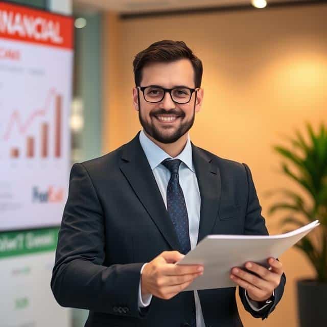 Financial expert in suit, holding reports is smiling at the camera, with graphs behind him