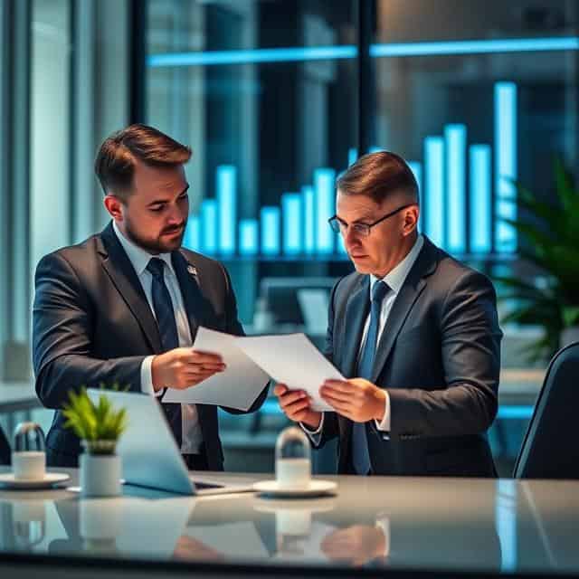 Two financial experts in suits are standing in modern glass office room, both holding papers and looking at them while facing each other