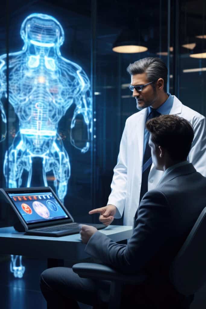 Healthcare automation solutions experts looking at scan of human on big glass screen