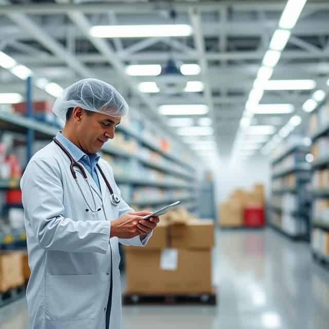 Healthcare supply chain consultant wearing laboratory coat reading a file in warehouse