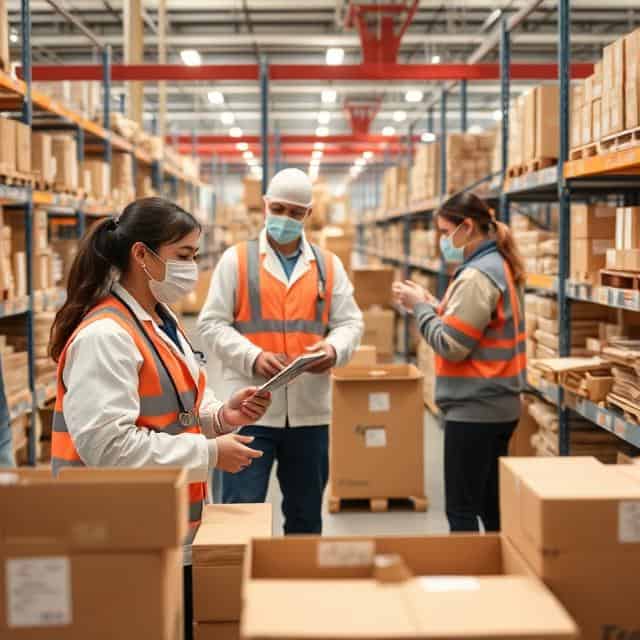 Healthcare supply chain consultants wearing masks and wests, controlling stocks in warehouse