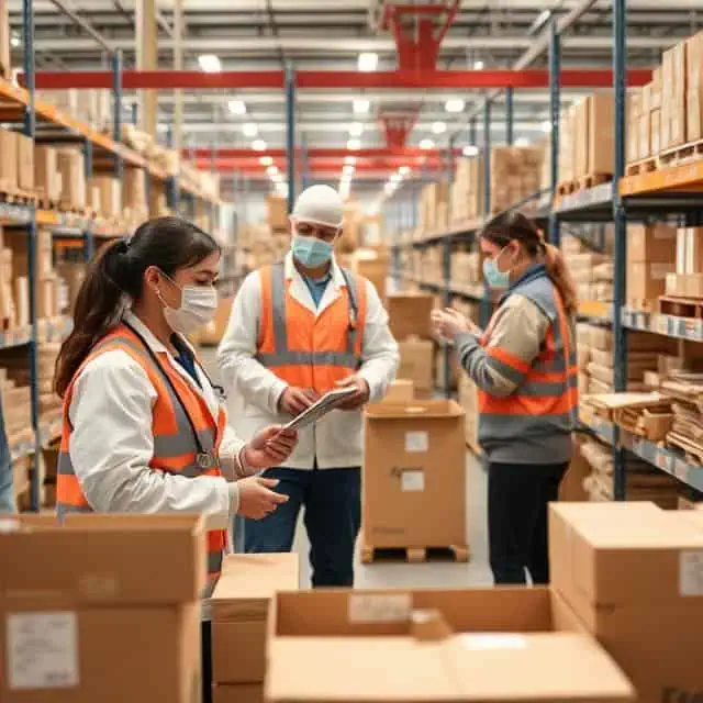 Healthcare supply chain consultants wearing masks and wests, controlling stocks in warehouse