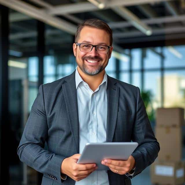 Relocation project manager holding a tablet smiling,while standing in office with paper boxes in the backround