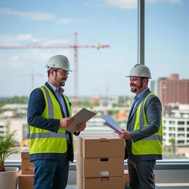 Relocation project managers standing near the window at construction site, wearing protective helmets and vests, discussing with files in hands