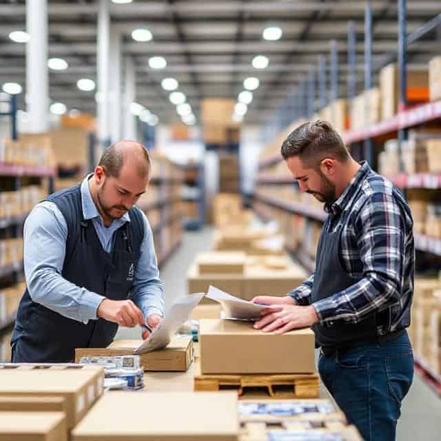Retail supply chain consultants looking over files in warehouse with pens in hands