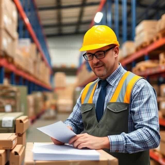 Supply chain consulting expert looking at reports in warehouse