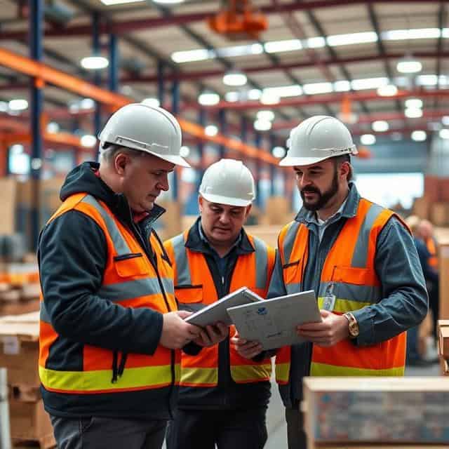Supply chain consulting experts looking at reports in their hands, standing in warehouse