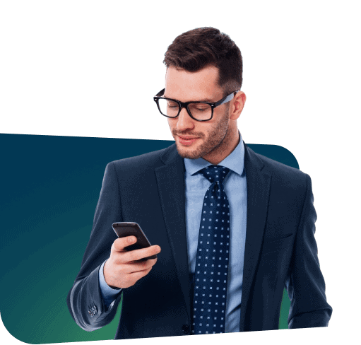 Professional businessman using smartphone, wearing suit and glasses, representing staffing solutions.