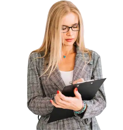Flexible professional woman reviewing documents for interim staffing solutions.