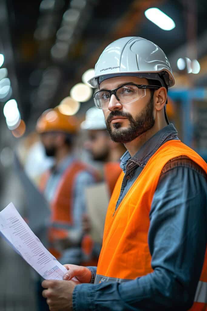Interim quality engineer in work attire holds a plan while looking into distance in a hall