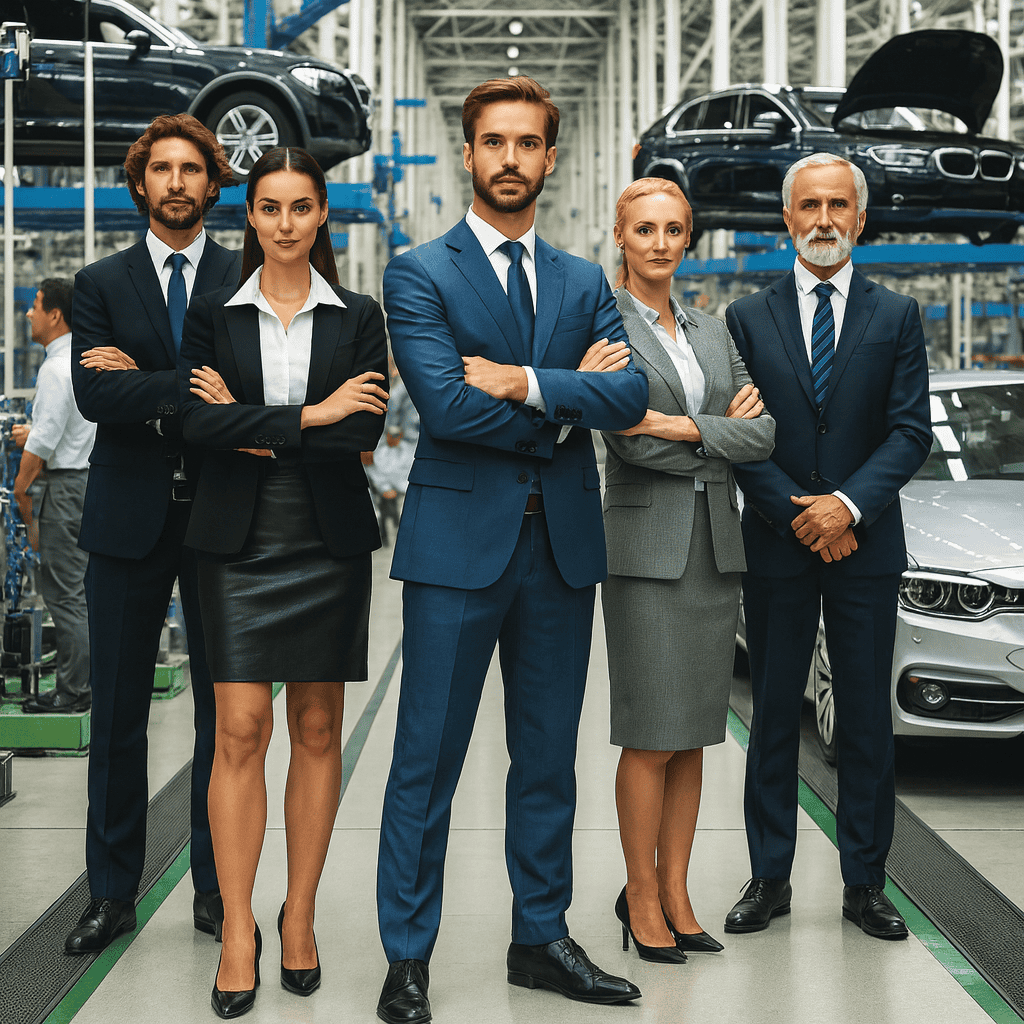 group of interim management automotive experts standing in hall with cars around