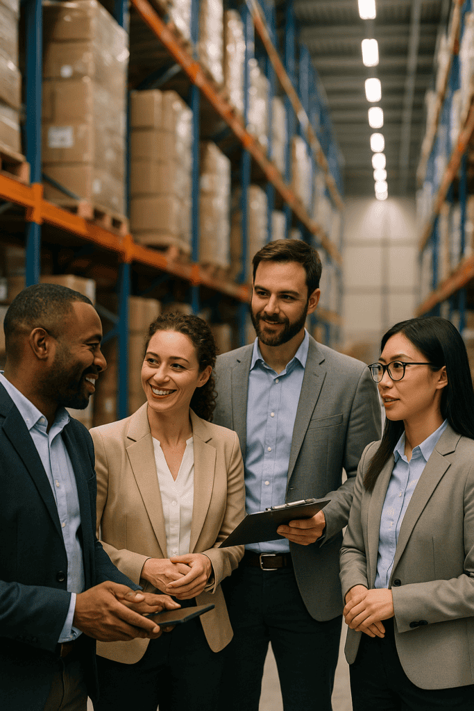 Four supply chain experts standnig in warehouse full of boxes, talking