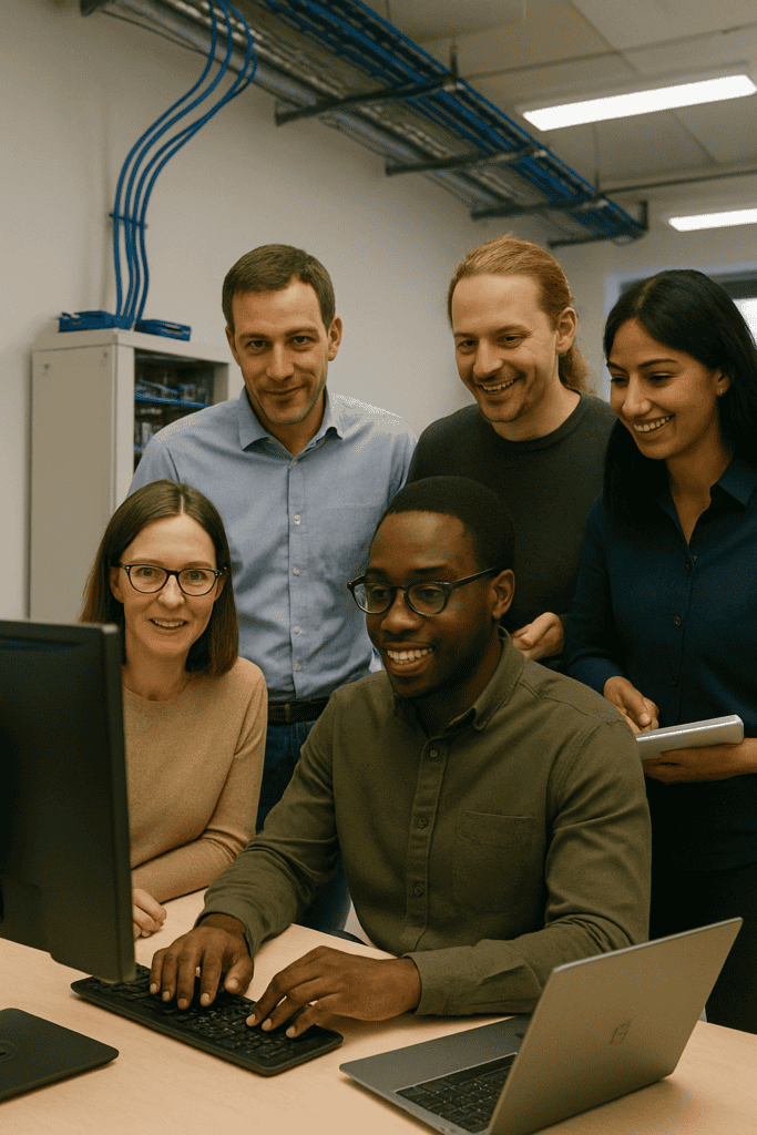 Team of IT integration experts looking at a computer screen in software room