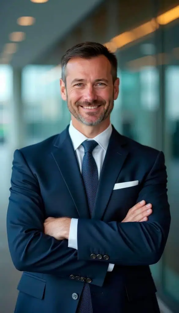 Interim CFO wearing a suit standing in hallway of office