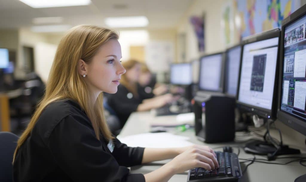 A young woman sits at a computer in open office. She is focused on her work.