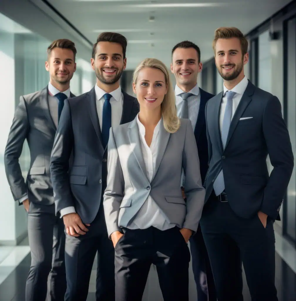 Team of cost reduction services experts dressed in suits stand in office hallway