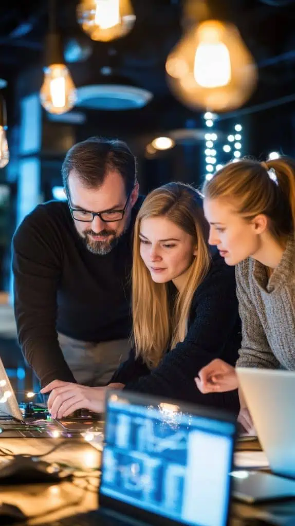 A group of three diverse colleagues, a man and two women, are collaborating on a project in a modern office setting.