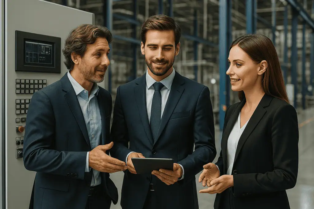 Three PLC managers, one woman and two men, in suits are standing in factory, discussing