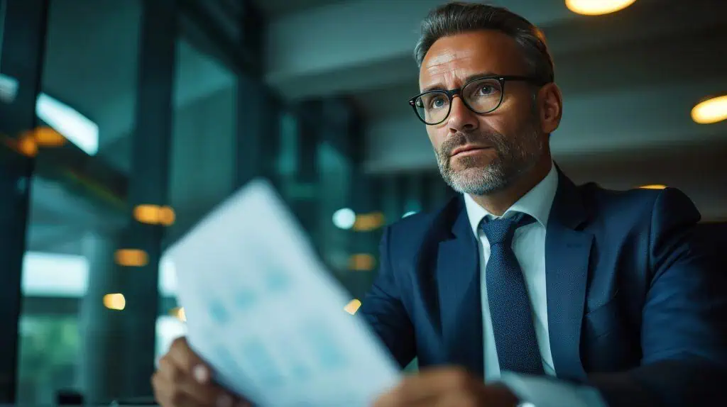 A professional CEO in a suit reviews documents, exuding leadership and focus.