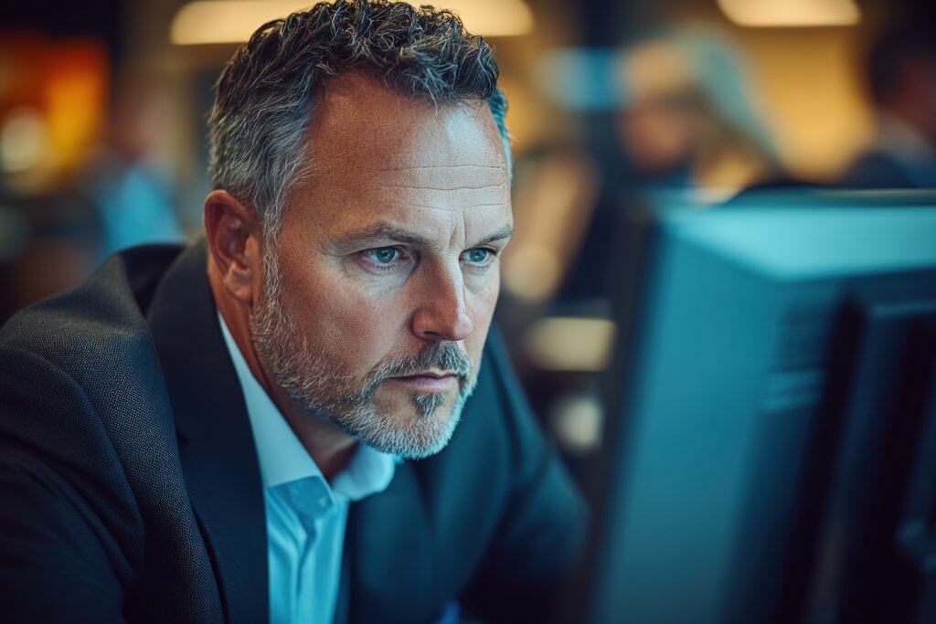 A businessman working in an office, focused on his computer screen with blurred figures of other employees at their desks behind him.