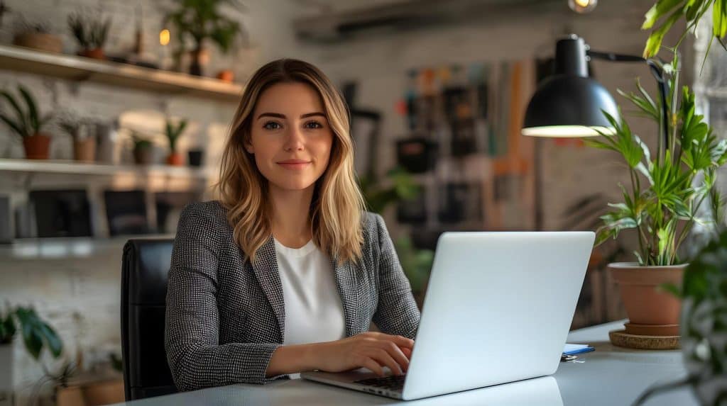 Service quality specialist sitting at her desk in cozy room