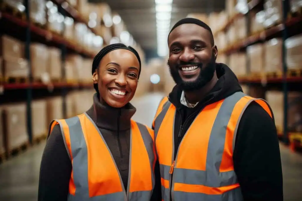 Warehouse workers, man and woman, smiling at camera