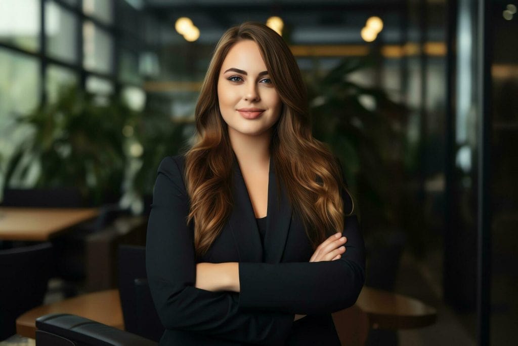 Business woman is standing in office with her hands crossed across chest