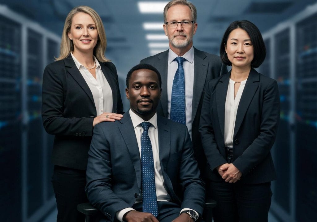 Group of four managers, two men and two women, dressed in full suits are standing in darkened office