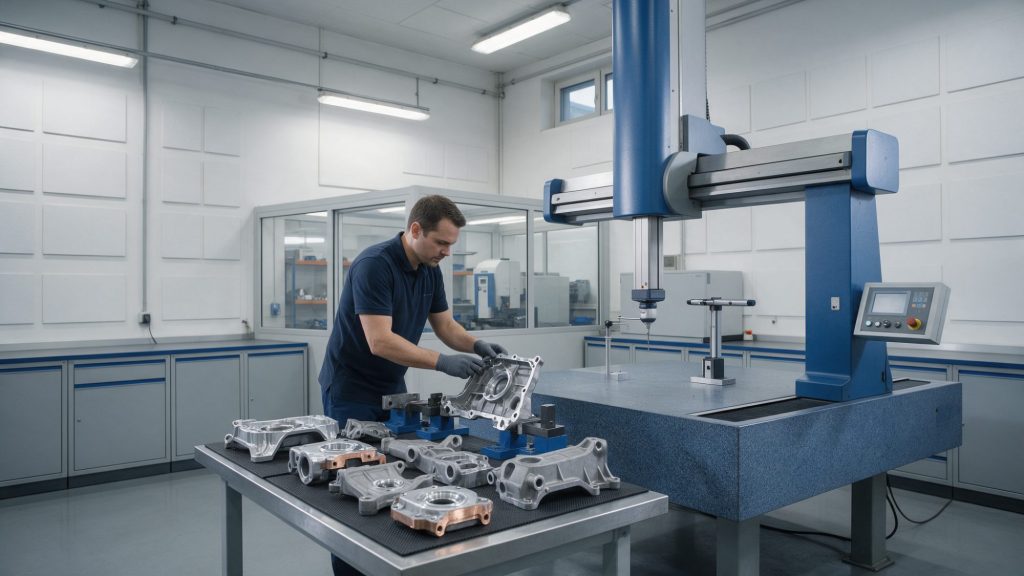 Inżynier jakości sprawdza na współrzędnościowej maszynie pomiarowej części z pierwszej serii produkcyjnej