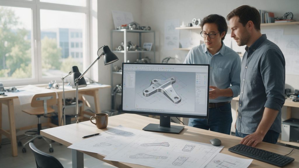 Dwóch konstruktorów analizuje model 3D CAD metalowego wspornika podczas FMEA konstrukcji