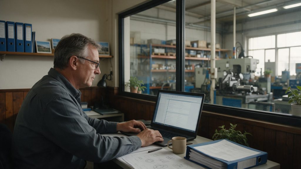 Doświadczony inżynier przegląda otwarte projekty interim na laptopie w biurze obok hali produkcyjnej