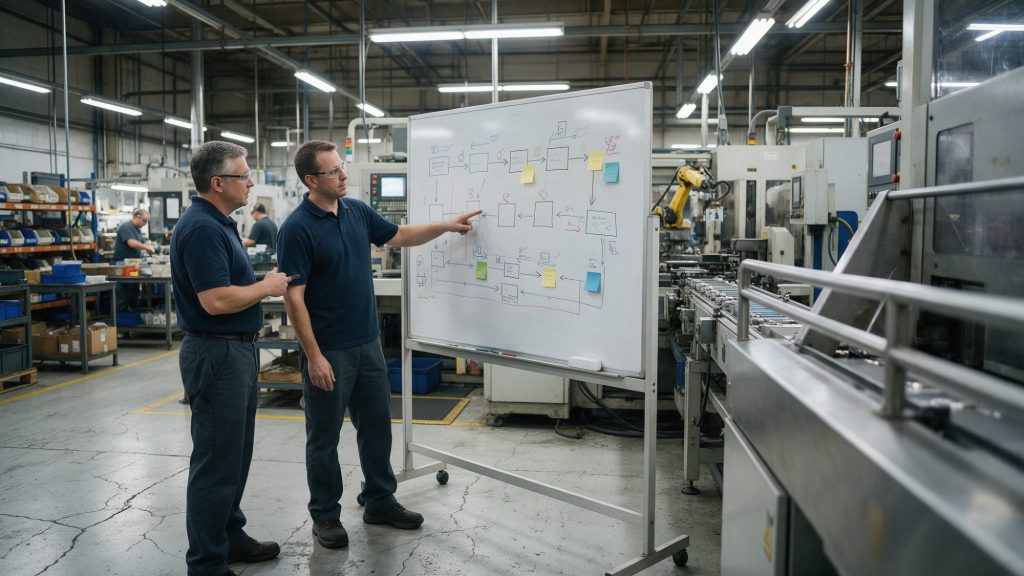 Kierownik zakładu i inżynier lean omawiają ręcznie narysowaną mapę strumienia wartości na tablicy obok linii produkcyjnej