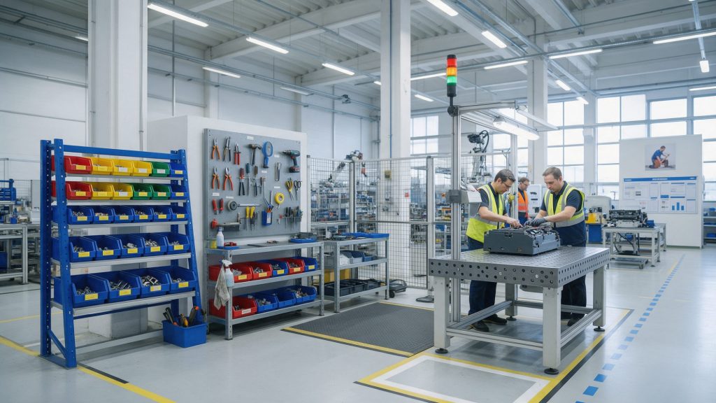 Stanowisko pracy w zakładzie lean z pojemnikami kanban, tablicą cieni na narzędzia, oznaczeniami podłogowymi i sygnalizatorem andon